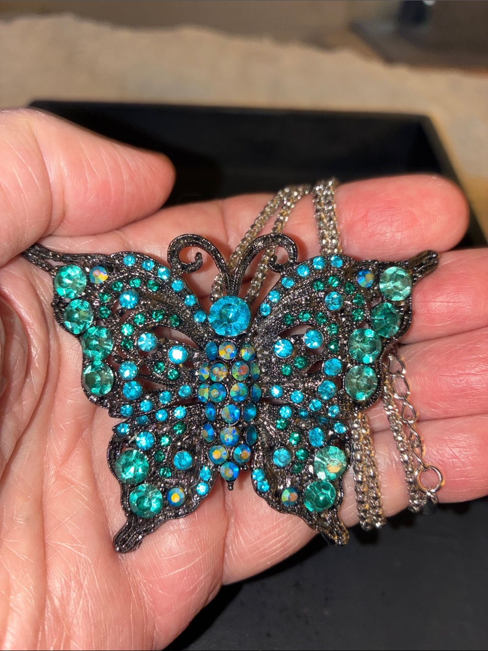 Butterfly Crystal Pendant Necklace in Teal Blue